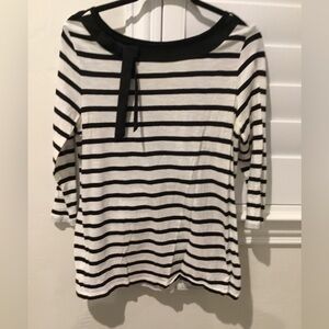 LOFT women’s 3/4 sleeve top, size large, Black & White stripe with bow